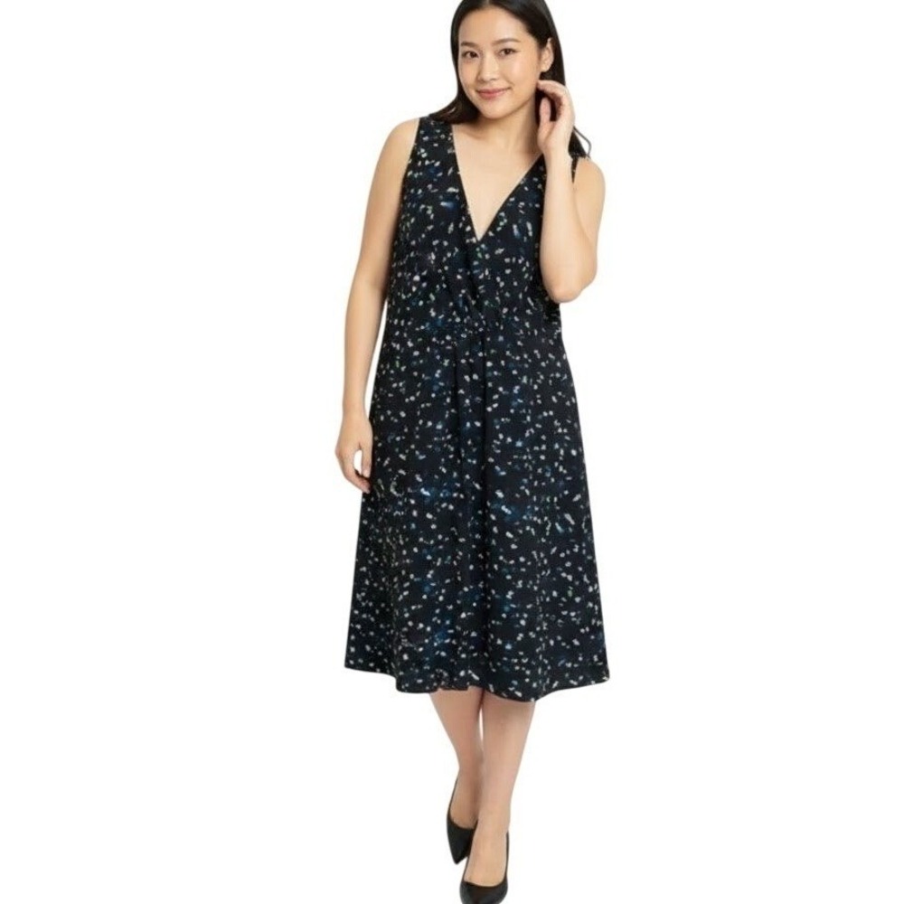 J.Crew Sleeveless Faux Wrap Dress Woman Size 12 Black Blue Green Abstract Floral